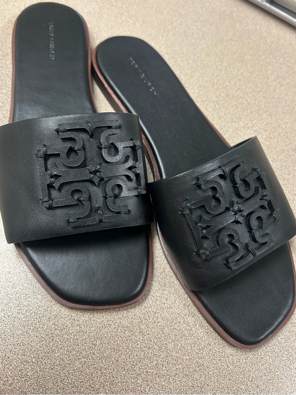 Tory Burch Black Leather Slide Sandals with Logo Cutout